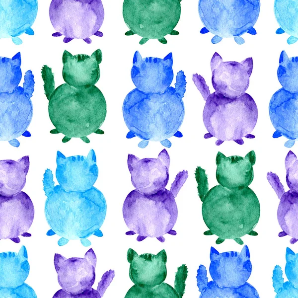 Patrón sin costuras para gatos de acuarela. Silueta pintada a mano azul púrpura y verde aislada sobre fondo blanco —  Fotos de Stock