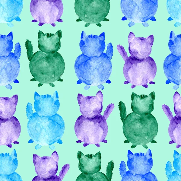 Watercolor cats seamless pattern. Hand colored silhouette on background