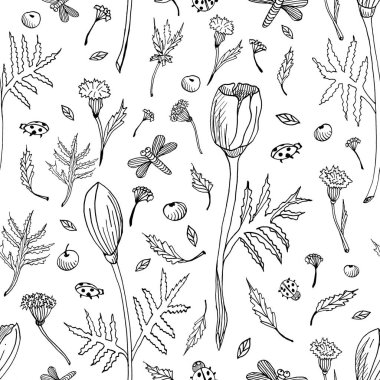 Laleler, yapraklar ve otlar ile soyut dikişsiz çiçek deseni. El çizilmiş siyah beyaz çiçekler. Kumaşlar için anahat tek renkli botanik illüstrasyon, davet kartları tasarımı, sarma, duvar kağıdı