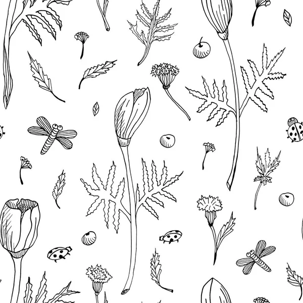 Modello floreale astratto senza cuciture con tulipani, foglie ed erbe. Fiori disegnati a mano in bianco e nero. Illustrazione botanica monocromatica per tessuti, progettazione biglietti d'invito, avvolgimento e — Foto Stock