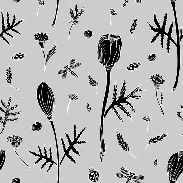 Abstrato padrão floral sem costura com tulipas, folhas e ervas. Flores de silhueta preta desenhadas à mão em fundo cinza. Desenho ilustração botânica para tecidos, design de cartões de convite, embrulho — Fotografia de Stock