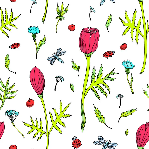 Modello floreale astratto senza cuciture con tulipani, foglie ed erbe. Fiori colorati disegnati a mano su sfondo bianco. Illustrazione botanica per tessuti, progettazione biglietti d'invito, avvolgimento, carta da parati — Foto Stock