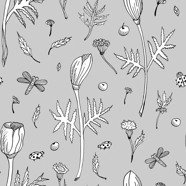 Абстрактный бесшовный цветочный узор с тюльпанами, листьями и травами. Черно-белые цветы ручной работы на сером фоне — стоковое фото