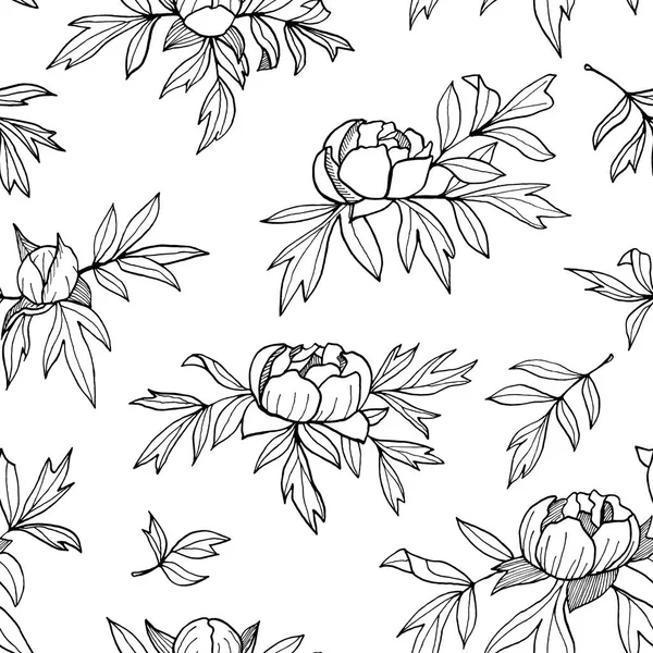 Peony flower, buds, leaves monochrome seamless pattern. Hand drawn outline floral illustration. Black and white botanical sketch for wrapping, invitations, greeting cards, textile, scrapbooking — Stock Photo, Image