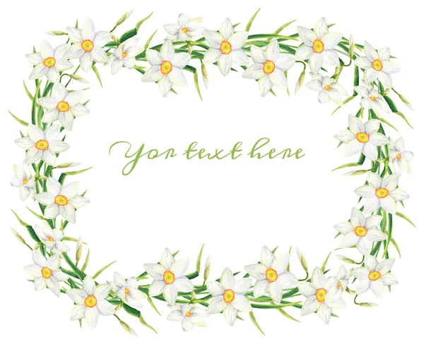Akwarela kwiat Narcyz ramka prostokąta. Ręcznie rysowane Daffodil ilustracji wieniec na białym tle. Kwiatowy projekt zaproszenia, kartki okolicznościowe, Notatnik, ślub i pakiet — Zdjęcie stockowe