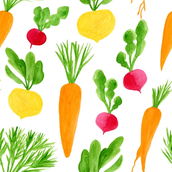 Akvarell rotfrukter sömlösa mönster. Handritade ekologisk diet mat bakgrund illustration. Gul kålrot, rädisor, morot isolerad på vitt för meny design, förpackning — Stockfoto