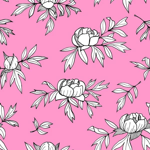 Peony flower, buds, leaves monochrome seamless pattern. Hand drawn outline floral illustration. Black white botanical sketch on pink background for invitations, cards, textile, decor — Stock Photo, Image