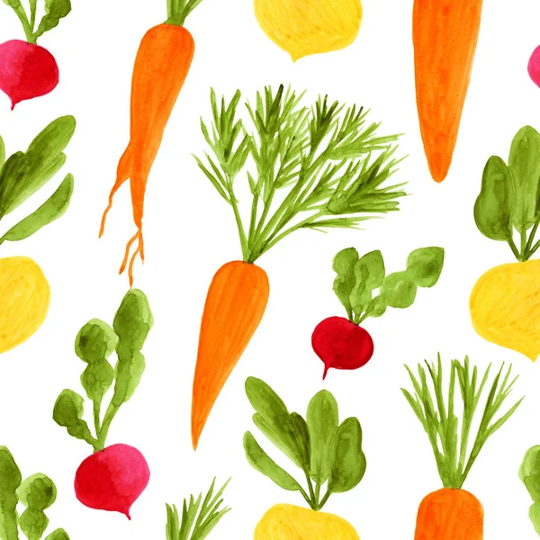 Watercolor root vegetables seamless pattern. Hand drawn ecological diet food background illustration. Yellow turnip, radish, carrot isolated on white for menu design, packaging — Stock Photo, Image