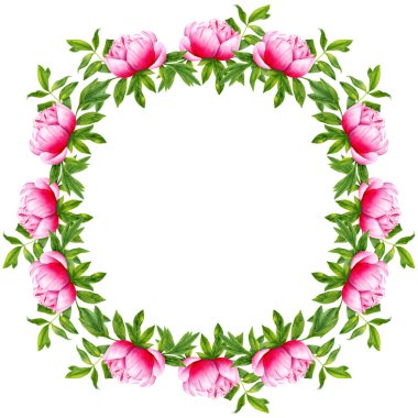 Suluboya şakayık çiçek yuvarlak çerçeve. El boyalı çelenk beyaz arka plan üzerinde izole. Poster, tekstil, düğün davetiyesi, ev dekorasyonu, kart için çiçek tasarım sanat