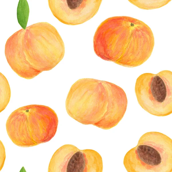 Akwarela brzoskwinia bezszwowe wzór. Ręcznie rysowane kawałki owoców na białym tle do projektowania opakowań żywności, okładek, owijania, Scrapbooking. — Zdjęcie stockowe