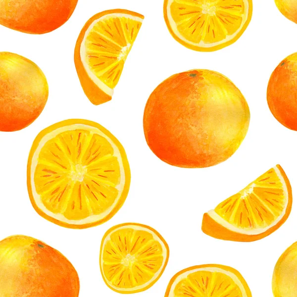 Acuarela naranja fruta patrón sin costuras. Rebanadas de cítricos pintados a mano aislados sobre fondo blanco para envasado de alimentos, envoltura, cubiertas, textiles . — Foto de Stock