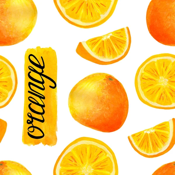 Aquarela laranja fruta sem costura padrão. Fatias cítricas pintadas à mão com caligrafia lettering isolado sobre fundo branco para embalagem de alimentos, embalagem, capas, têxteis . — Fotografia de Stock