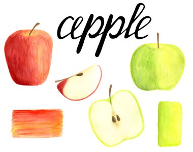 Suluboya elma beyaz arka plan üzerinde izole yazı hat ile ayarlayın. El çizilmiş kırmızı ve yeşil meyveler, dilimlenmiş ve yarısı ambalaj, menü tasarımı, scrapbooking, kartlar, gıda ambalaj.