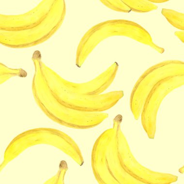 Suluboya muz dikişsiz desen. Paket tasarımı için pastel sarı arka plan üzerinde el çizilmiş taze sağlıklı diyet gıda illüstrasyon, tekstil, sarma, menü, scrapbooking.