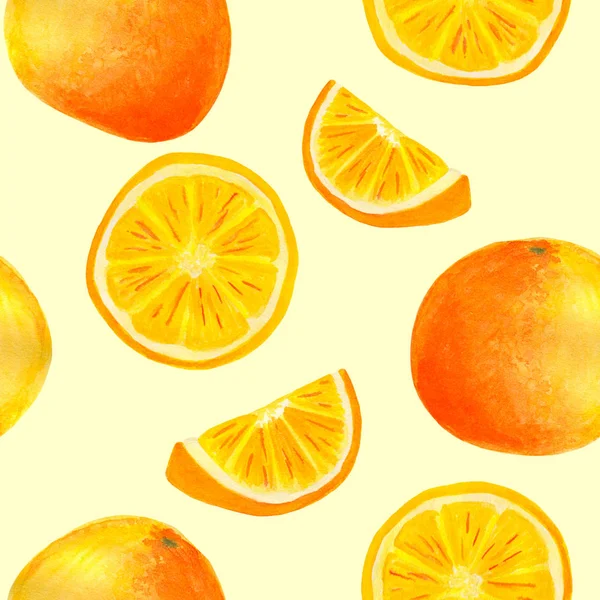 Acquerello arancione frutta modello senza soluzione di continuità. Fette di agrumi dipinte a mano isolate su fondo giallo pastello per imballaggi alimentari, involucri, copertine, tessili . — Foto Stock