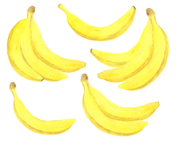 Set de banane cu acuarelă. Mâna desenată proaspăt sănătos dieta ilustrare alimente pe fundal alb pentru design de pachete, textile, ambalaj, meniu, scrapbooking . — Fotografie, imagine de stoc