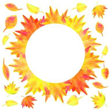 Suluboya sonbahar sarı yaprakları yuvarlak çerçeve. Okul afiş, afiş, baskı, scrapbooking, kartlar, tekstil geri için fırça parlak akçaağaç ve soyut yaprak illüstrasyon ile çizilmiş el.