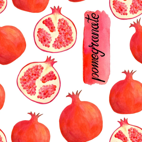 水彩画ザクロは、書道の文字とシームレスなパターン。食品パッケージのデザイン、装飾、メニュー、ラッピング、テキスタイル、プリント、スクラップブッキングのために白に隔離された手描きの赤いフルーツの背景. — ストック写真