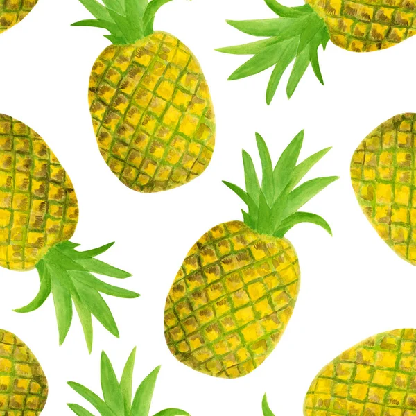 Acquerello modello ananas senza soluzione di continuità. Illustrazione di frutta tropicale disegnata a mano isolata su sfondo bianco. Progettazione per tessile, menu, carte, scrapbooking, imballaggio alimentare, imballaggio . — Foto Stock