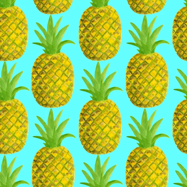 Acquerello modello ananas senza soluzione di continuità. Illustrazione di frutta tropicale disegnata a mano isolata su sfondo blu. Progettazione per tessile, menu, carte, scrapbooking, imballaggio alimentare, imballaggio . — Foto Stock