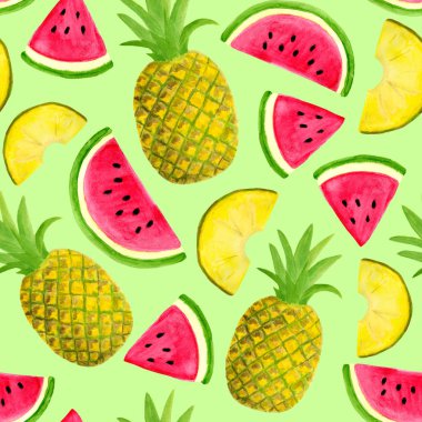 Pastel yeşil arka plan izole karpuz ve ananas ile Dikişsiz suluboya deseni. Gıda ambalajtasarımı, sarma, tekstil, dekor, hurdacılık için elle çizilmiş meyve ve dilimler.
