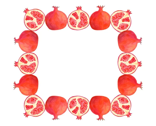 Moldura retangular romã aquarela. Borda de ilustração de frutas vermelhas desenhadas à mão isolada em branco para design de pacote de alimentos, decoração, menu, capas, embalagem, têxtil, impressão, scrapbooking . — Fotografia de Stock