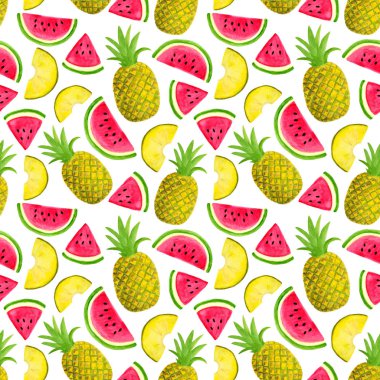 Beyaz arka planda izole karpuz ve ananas ile Dikişsiz suluboya deseni