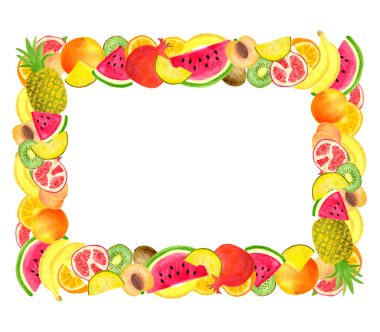 Beyaz arka planda suluboya tropikal meyve dikdörtgen çerçeve. Metin alanı olan şablon. Davetiye tasarımı, menü, gıda paketi