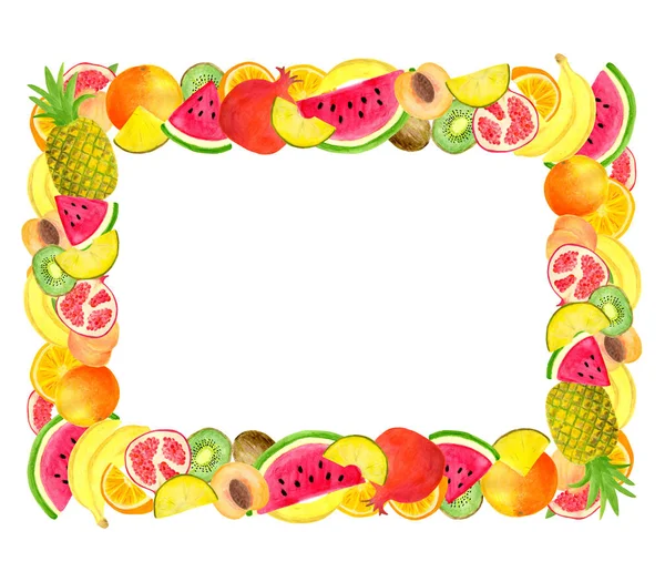 Marco rectangular de fruta tropical acuarela sobre fondo blanco. Plantilla con espacio para texto. Diseño de invitación, menú, paquete de alimentos — Foto de Stock