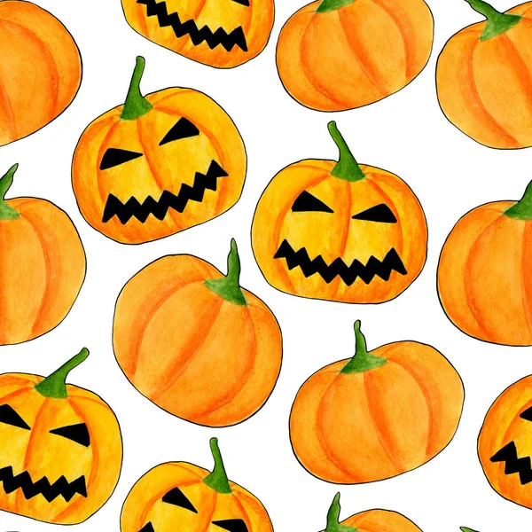 Watercolor halloween pumpkin seamless pattern. Hand drawn jack-o-lantern face illustration. Scary background design for wrapping paper, party invitations, banners.