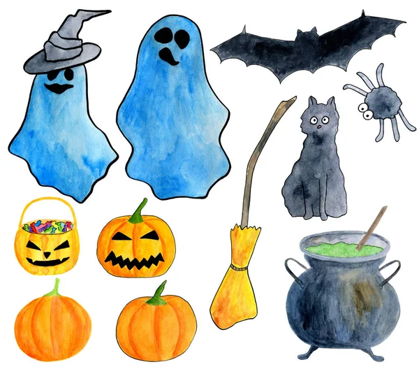 Conjunto de halloween aquarela desenhado à mão. Fantasma, abóbora esculpida, pote de veneno, vassoura, gato preto, morcego, aranha, chapéu de bruxa clip art isolado no fundo branco para design de férias, convites para festas, banners — Fotografia de Stock