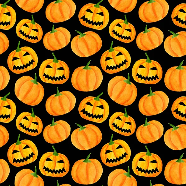 Abóbora halloween aquarela no padrão sem costura preto. Desenhado à mão jack-o-lanterna ilustração da face — Fotografia de Stock