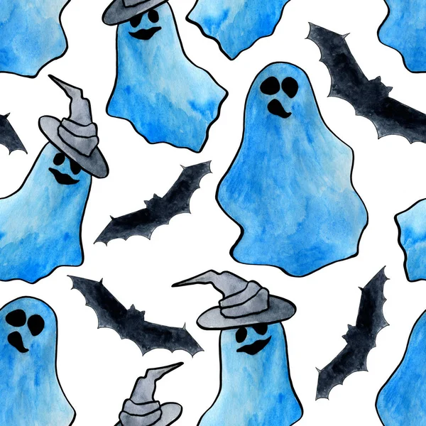 Aquarela fantasma halloween e morcego sem costura padrão. Ilustração desenhada à mão — Fotografia de Stock