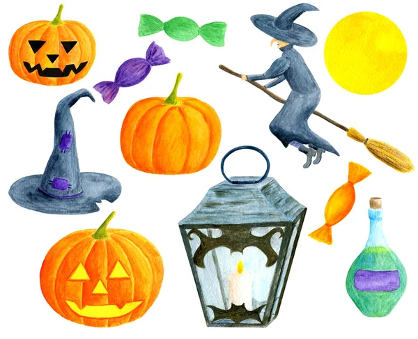 Akvarell Halloween set. Handmålade pumpor med böjda ansikten, häxa på kvast, flaska gift, lykta med ljus, Magic hat, sötsaker isolerade på vit bakgrund för semester design. — Stockfoto