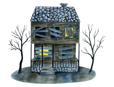 Suluboya ahşap eski terk edilmiş perili ev tahtalı ve parlayan pencereler, çıplak ağaçlar. El çizilmiş Halloween kart beyaz arka plan üzerinde izole. Tasarım için tatil baskı öğesi.