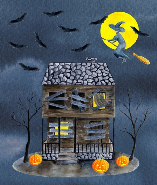 Watercolor old abandoned haunted house with boarded and glowing windows, bare trees, pumpkins, full moon, witch, bats on the dark background. Hand drawn Halloween card. Holiday print for design.