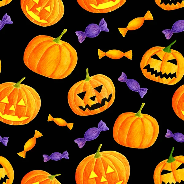 Aquarel Halloween pompoen en snoep naadloze patroon — Stockfoto