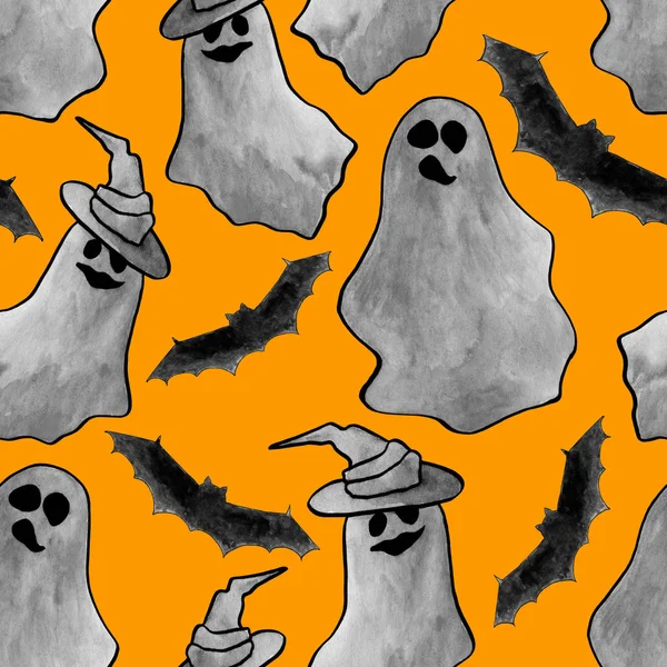 Watercolor halloween ghost and bat seamless pattern on orange baclground — Stock Photo, Image