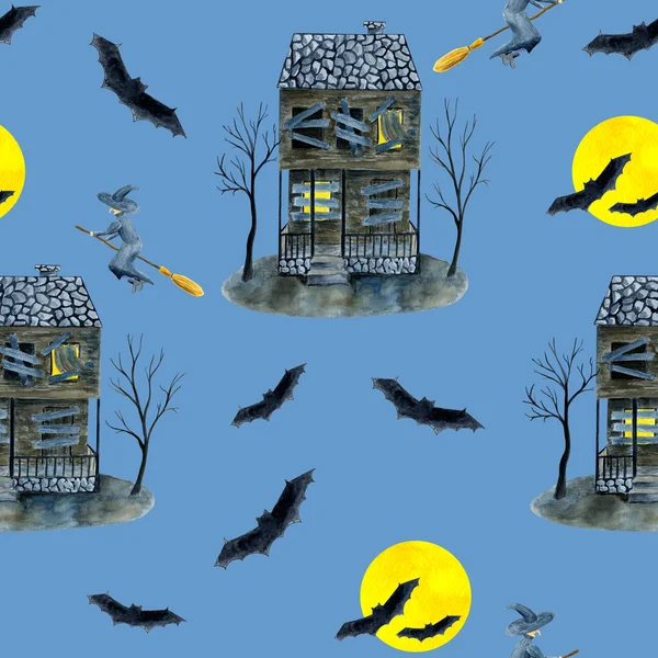 水彩老废弃的闹鬼的房子与板和发光的窗户，光秃秃的树木，满月，巫婆，蝙蝠无缝模式。手绘万圣节打印在黑暗的背景设计. — 图库照片