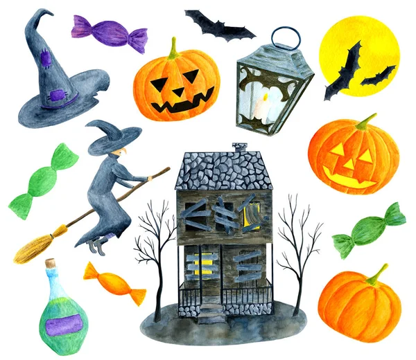 Watercolor Halloween set. Hand painted pumpkins with faces, witch, old house with boarded windows, full moon, bat, bottle of poison, lantern with candle, magic hat, sweets isolated on white background