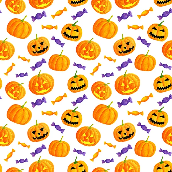 Watercolor halloween pumpkin and sweets seamless pattern. Hand drawn jack-o-lantern face illustration. Cute background design for wrapping paper, party invitations, banners. — Stock Photo, Image