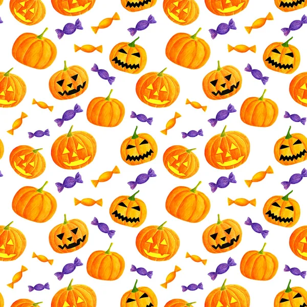 Acuarela halloween calabaza y dulces patrón sin costuras. Ilustración de la cara de Jack-o-Lantern dibujado a mano. Lindo diseño de fondo para papel de envolver, invitaciones a fiestas, pancartas . —  Fotos de Stock