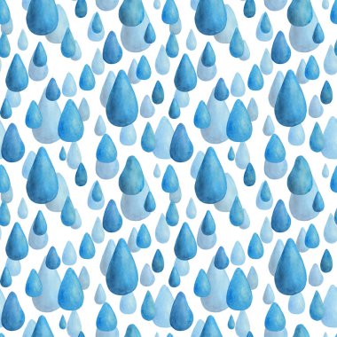 Suluboya yağmurlu dikişsiz desen. Elle çizilmiş su damlaları beyaz arka plan üzerinde illüstrasyon. Tekstil dekorasyonu, ambalaj kağıdı, tebrik kartları, mevsimlik tasarım.