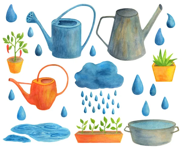 Ensemble d'outils de jardin aquarelle. Dessiné à la main saisonnier printemps été automne illustration sur fond blanc. Arroseurs colorés et métalliques, pots avec plants, nuage avec gouttes d'eau de pluie . — Photo