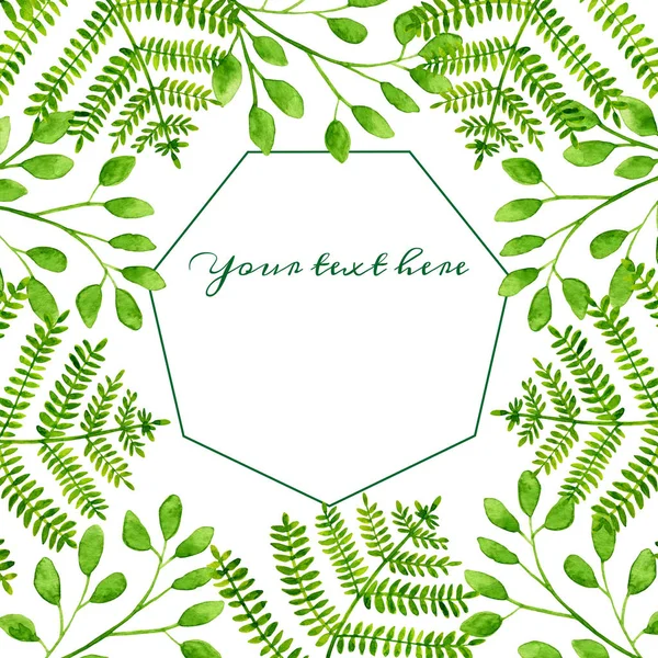 水彩绿色森林的植物和紫杉叶框架。手绘方形植物草本模板与植物的邀请，保存日期，贺卡，横幅，婚礼，装饰. — 图库照片