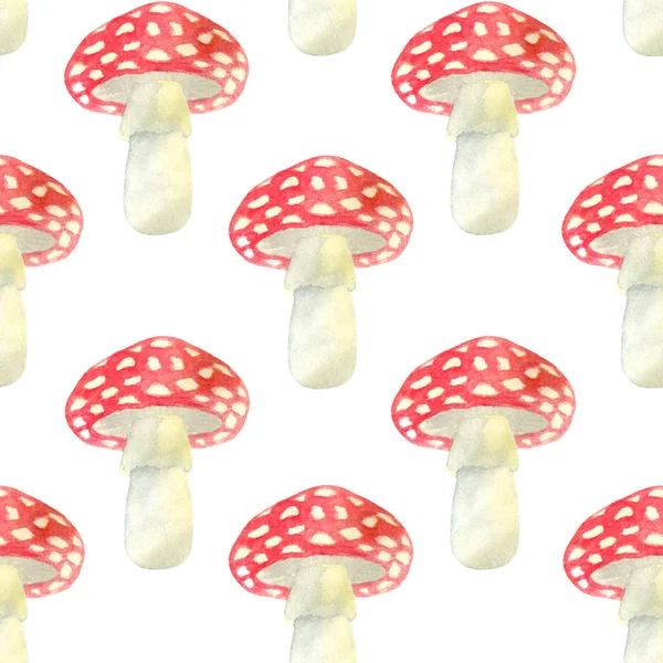 Aquarela mosca vermelha agarics padrão sem costura. Ilustração botânica desenhada à mão com cogumelos venenosos não comestíveis sobre fundo branco para design sazonal, decoração de casa, impressão, têxtil, cartões . — Fotografia de Stock