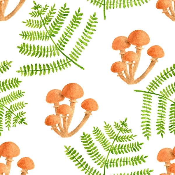 Акварельний папороть і медовий гриб Armillaria безшовний візерунок. Ручна пофарбована ботанічна ілюстрація лісових рослин для прикраси та дизайну . — стокове фото