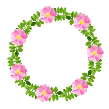 Suluboya gül çiçekleri ve yuvarlak çerçeve bırakır. Düğün davetiyeleri için güzel çiçek çelenk, tebrik kartları, bloglar, baskı, dekorasyon, tarih, tasarım kaydetmek.