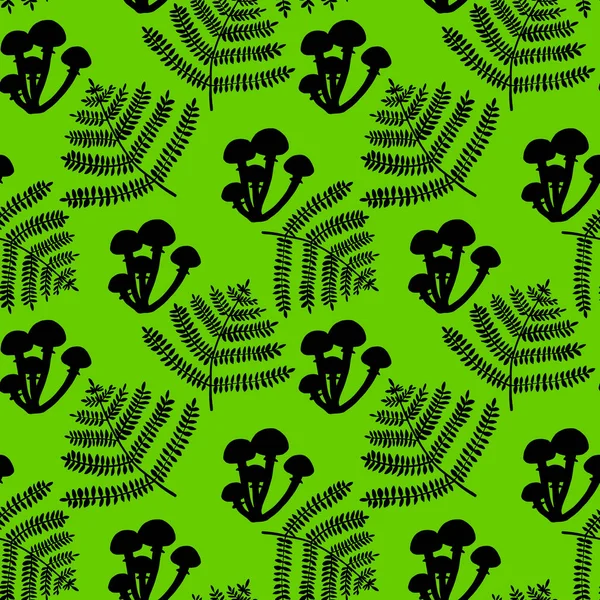 Hand drawn mushrooms and fern seamless pattern. Black silhouettes on green background for design, home decor, print, textile. — Stock Photo, Image