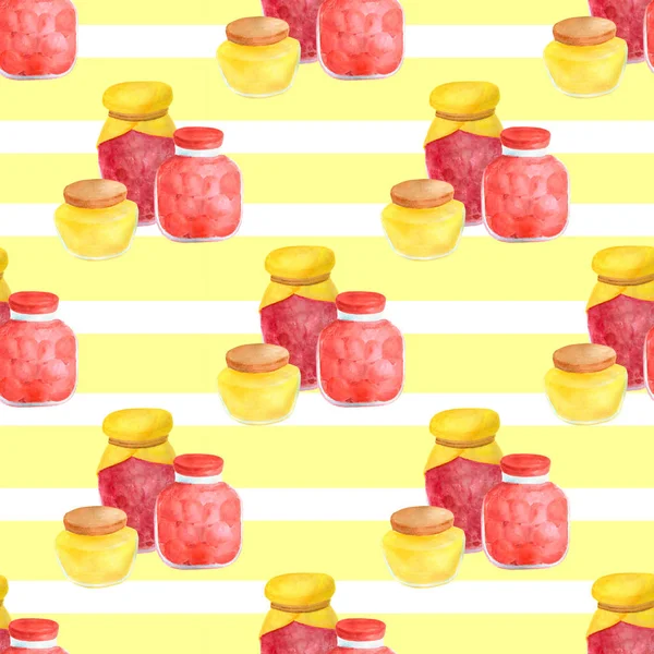 Watercolor glass jar of jam and sweet honey seamless pattern. Hand drawn vintage delicious preserves illustration on yellow background with white stripes. Painted backdrop for design and decoration.